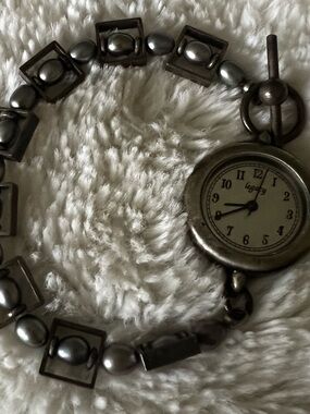 Legacy Silver-Tone Round Feminine Pocket Watch Pendant with Dark Pearls